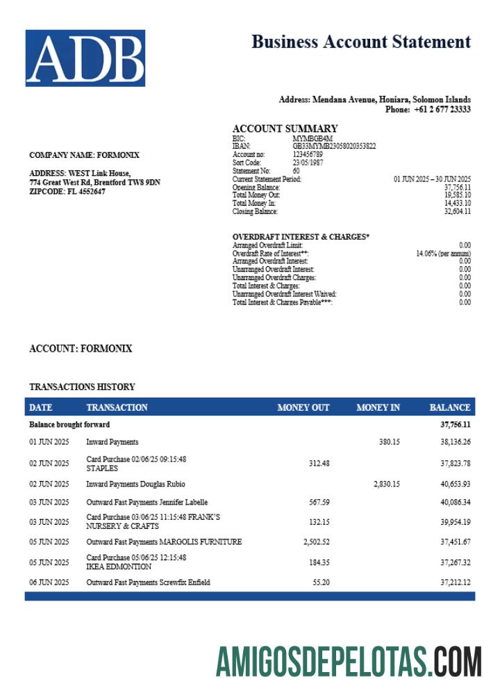 Realista Ilhas Salomão ADB Extrato de conta corporativa modelo Word e PDF